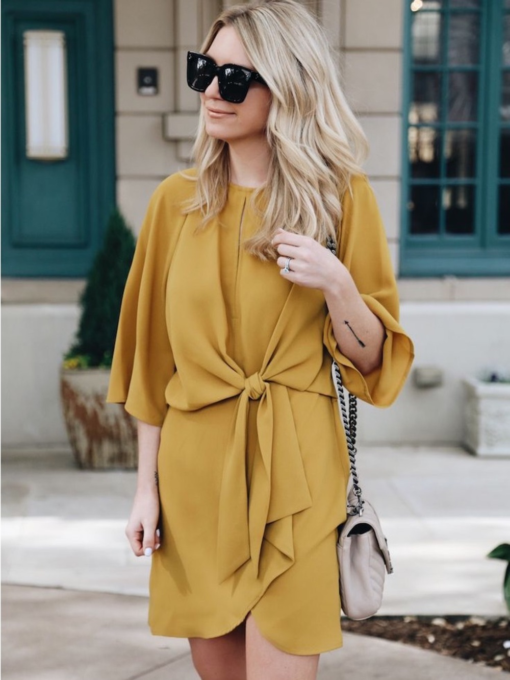 Topshop Mustard Tie-Front Mini Dress keyhole faux wrap 6